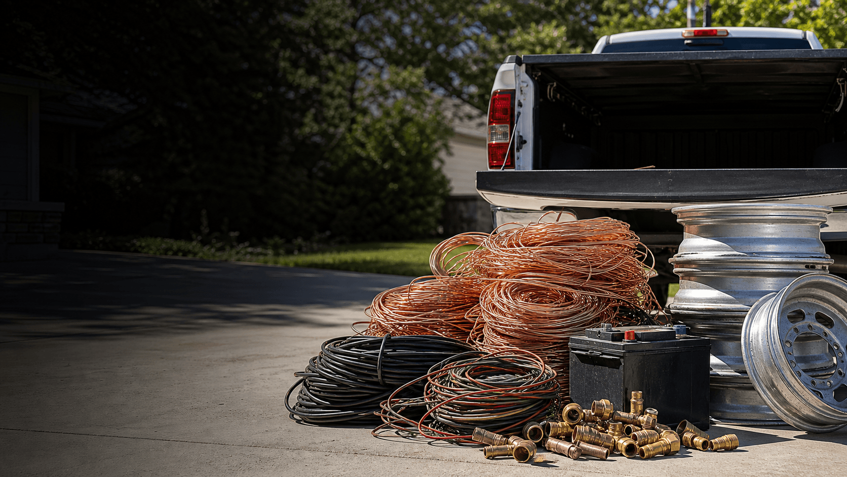 Copper wire, brass, batteries, and aluminum rims ready for free scrap pickup in Atlanta
