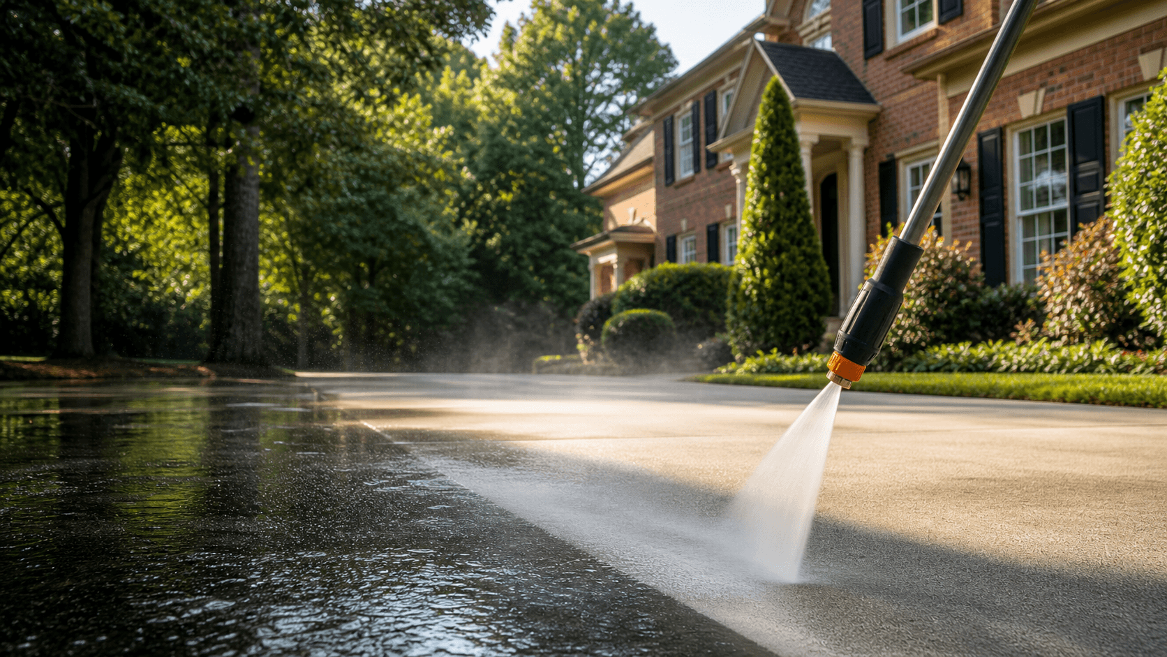 Pressure washer cleaning a dirty concrete driveway with a visible clean surface